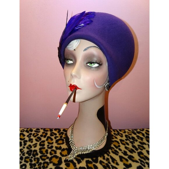 Vintage Mr. Charles Purple Wool Bucket Hat w/ Feathers church hat Kentucky Derby - Picture 4 of 11